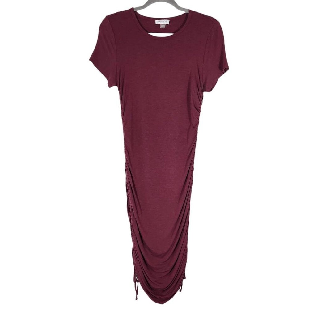 Calvin Klein Burgundy T-Shirt Dress with Side Drawstring Size 6 Oxblood Dress